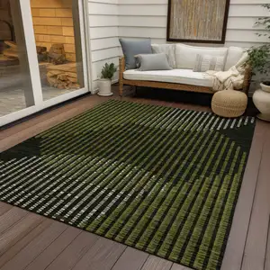 Photo of Olive Green And Black Geometric Washable Indoor Outdoor Area Rug