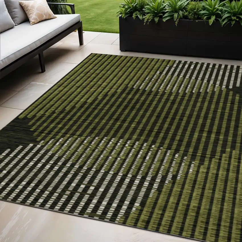 Olive Green And Black Geometric Washable Indoor Outdoor Area Rug Photo 1