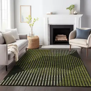 Photo of Olive Green And Black Geometric Washable Indoor Outdoor Area Rug