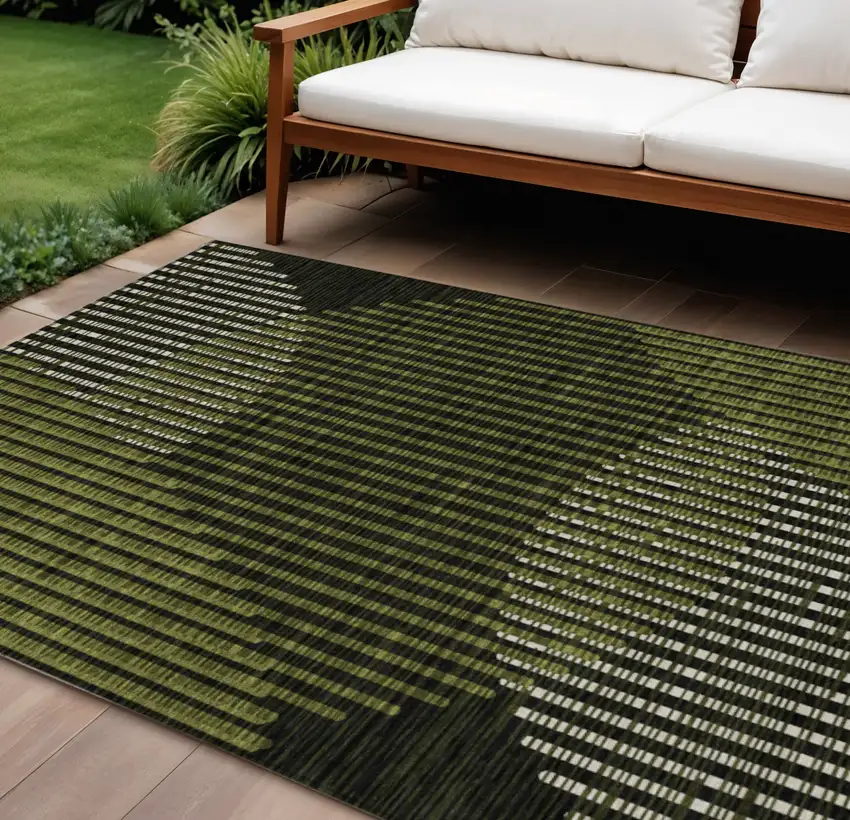 Olive Green And Black Geometric Washable Indoor Outdoor Area Rug Photo 1