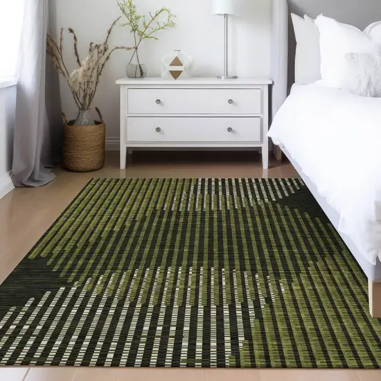 Olive Green And Black Geometric Washable Indoor Outdoor Area Rug Photo 9
