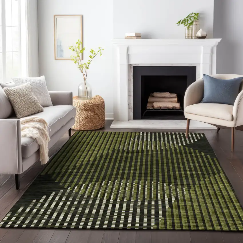 Olive Green And Black Geometric Washable Indoor Outdoor Area Rug Photo 8