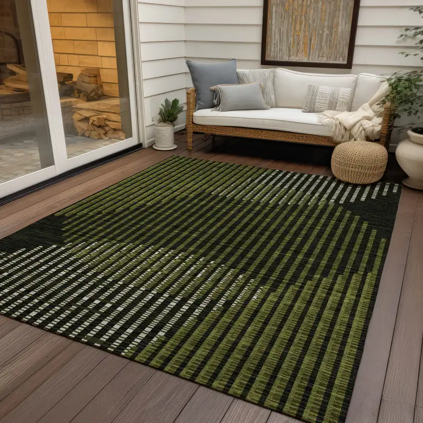 Olive Green And Black Geometric Washable Indoor Outdoor Area Rug Photo 7