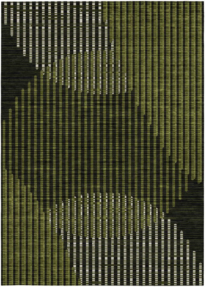 Olive Green And Black Geometric Washable Indoor Outdoor Area Rug Photo 6