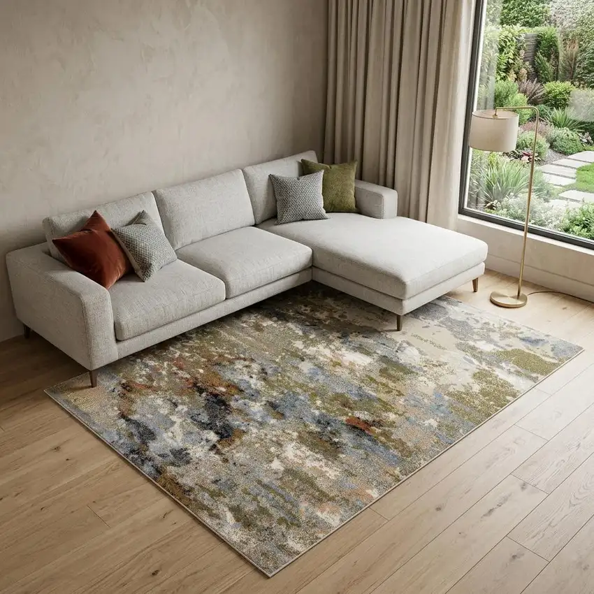 Olive Green And Blue Abstract Area Rug Photo 1