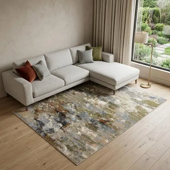 Olive Green And Blue Abstract Area Rug Photo 1
