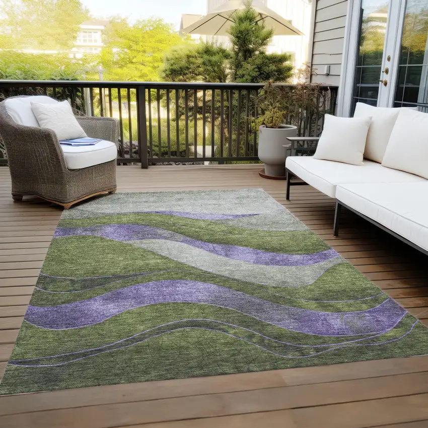 Olive Green And Blue Abstract Washable Indoor Outdoor Area Rug Photo 7