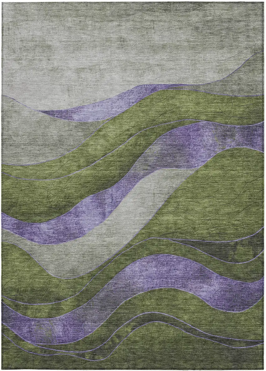 Olive Green And Blue Abstract Washable Indoor Outdoor Area Rug Photo 1
