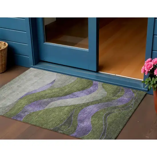 Olive Green And Blue Abstract Washable Indoor Outdoor Area Rug Photo 2
