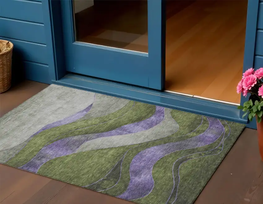 Olive Green And Blue Abstract Washable Indoor Outdoor Area Rug Photo 2