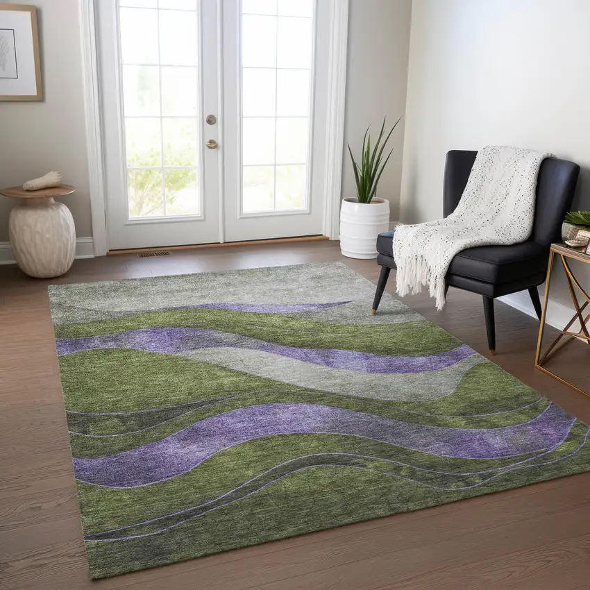 Olive Green And Blue Abstract Washable Indoor Outdoor Area Rug Photo 5