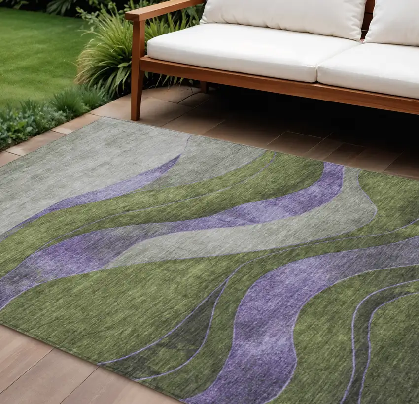 Olive Green And Blue Abstract Washable Indoor Outdoor Area Rug Photo 2