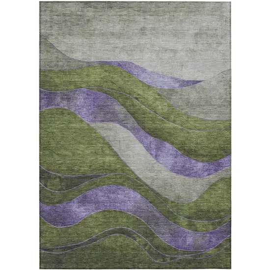 Olive Green And Blue Abstract Washable Indoor Outdoor Area Rug Photo 3