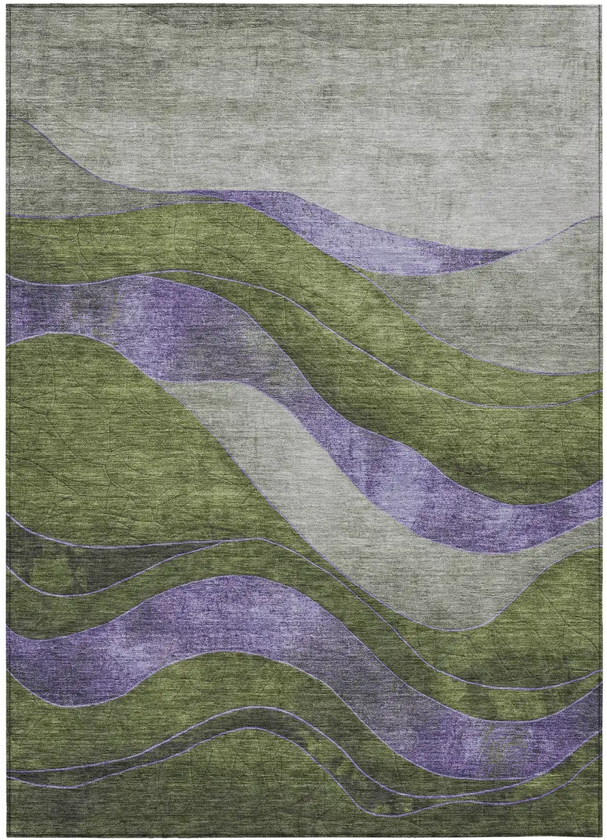 Olive Green And Blue Abstract Washable Indoor Outdoor Area Rug Photo 3