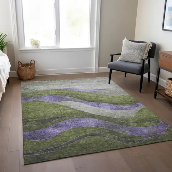 Olive Green And Blue Abstract Washable Indoor Outdoor Area Rug Photo 7