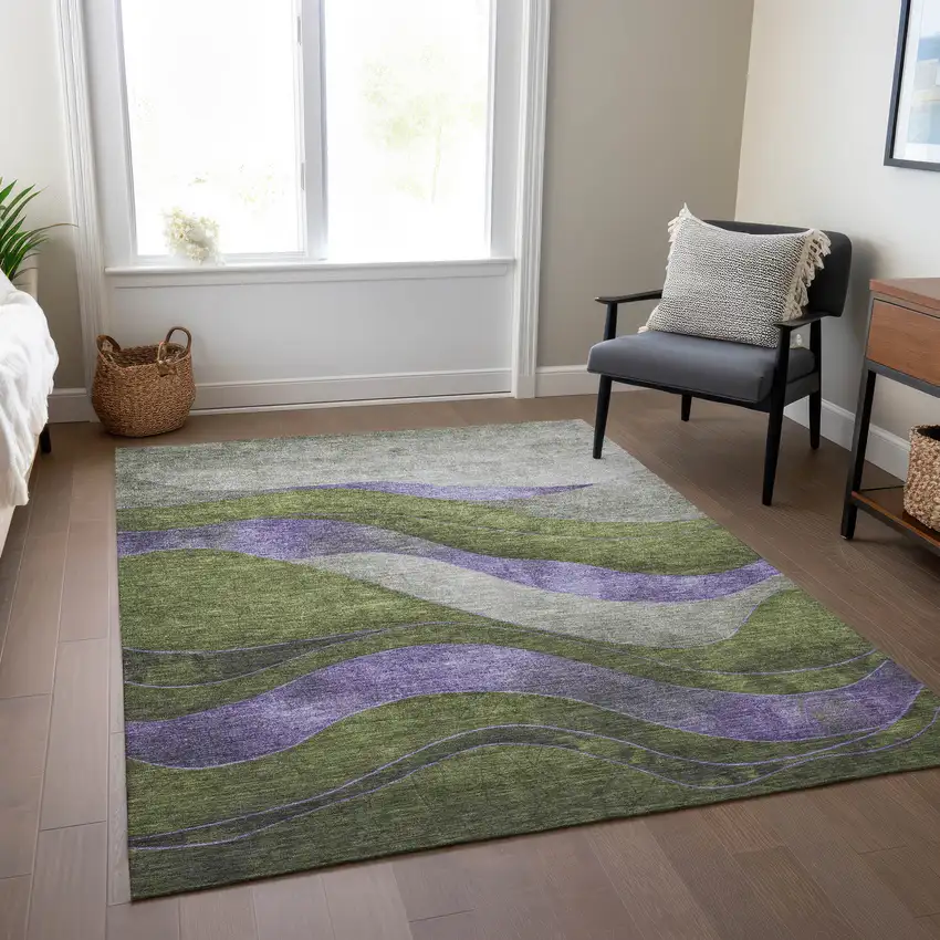 Olive Green And Blue Abstract Washable Indoor Outdoor Area Rug Photo 7