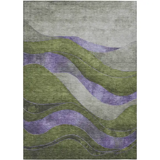 Olive Green And Blue Abstract Washable Indoor Outdoor Area Rug Photo 1