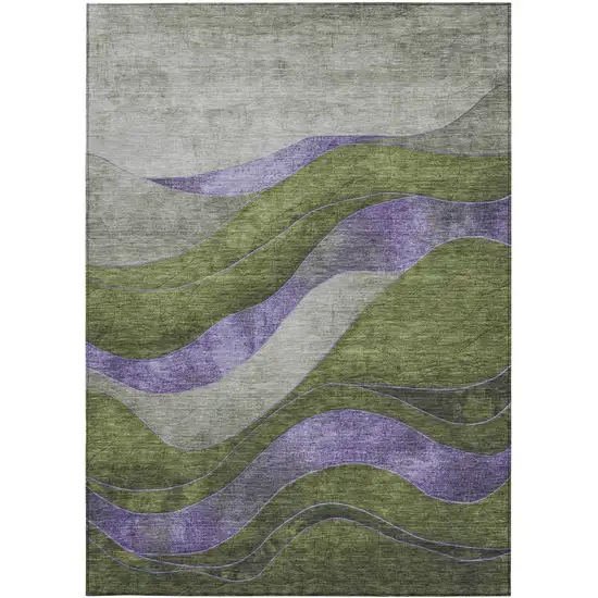 Olive Green And Blue Abstract Washable Indoor Outdoor Area Rug Photo 4