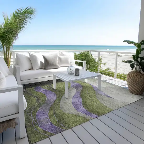 Olive Green And Blue Abstract Washable Indoor Outdoor Area Rug Photo 5