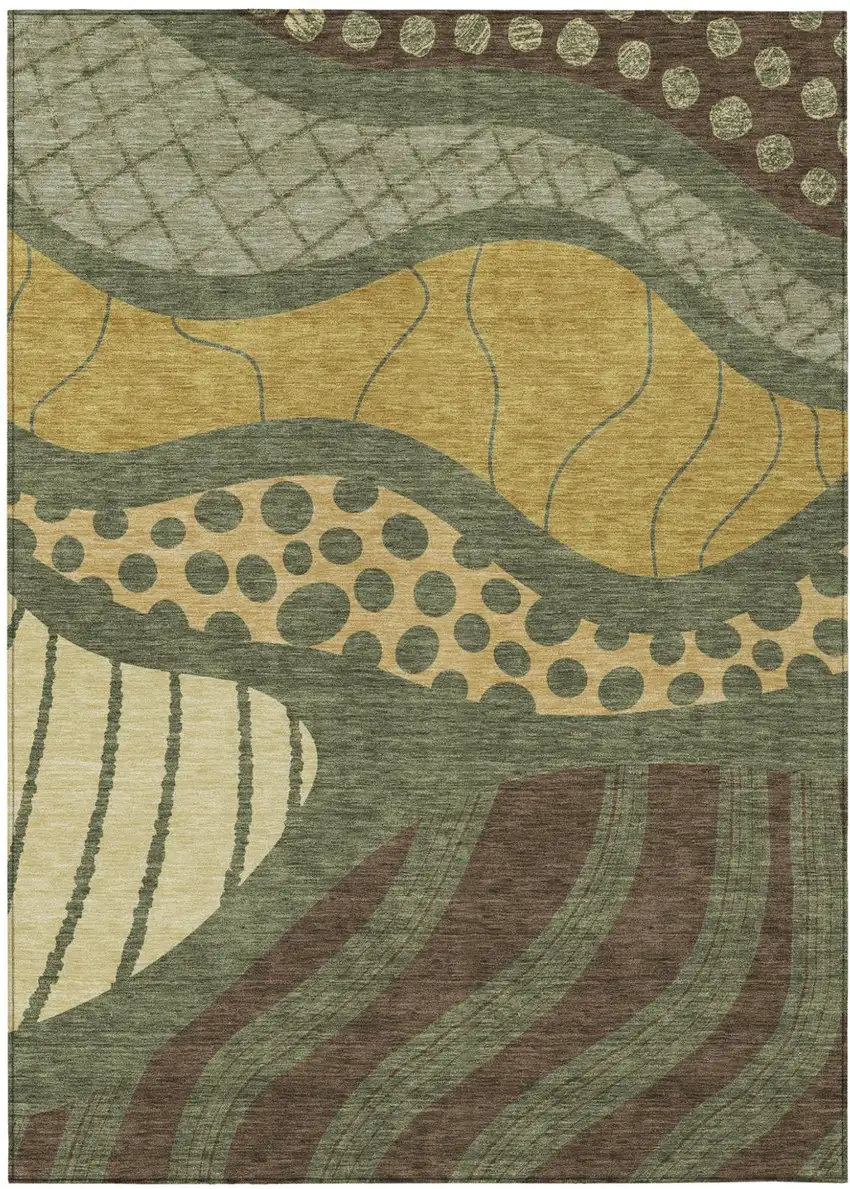 Olive Green And Blue Abstract Washable Indoor Outdoor Area Rug Photo 2