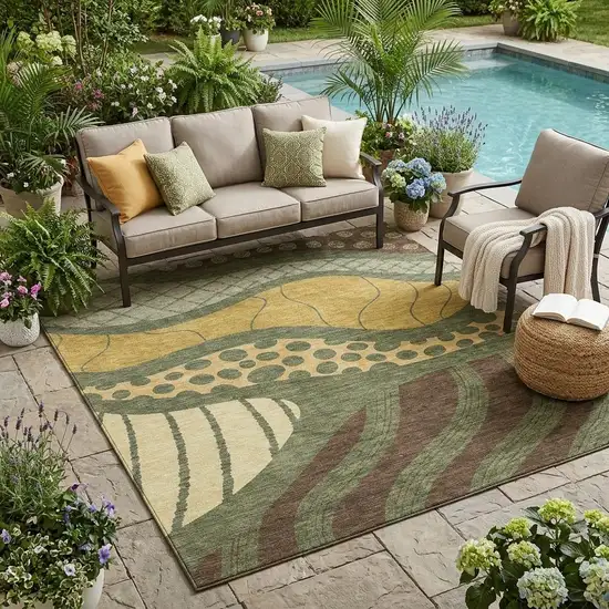 Olive Green And Blue Abstract Washable Indoor Outdoor Area Rug Photo 1