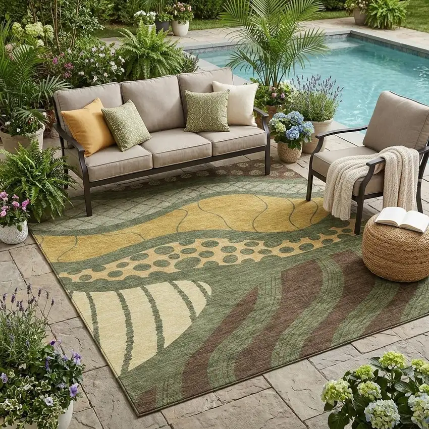 Olive Green And Blue Abstract Washable Indoor Outdoor Area Rug Photo 1