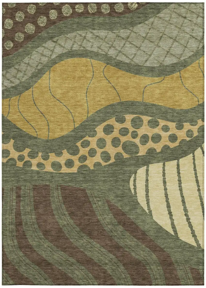 Olive Green And Blue Abstract Washable Indoor Outdoor Area Rug Photo 4