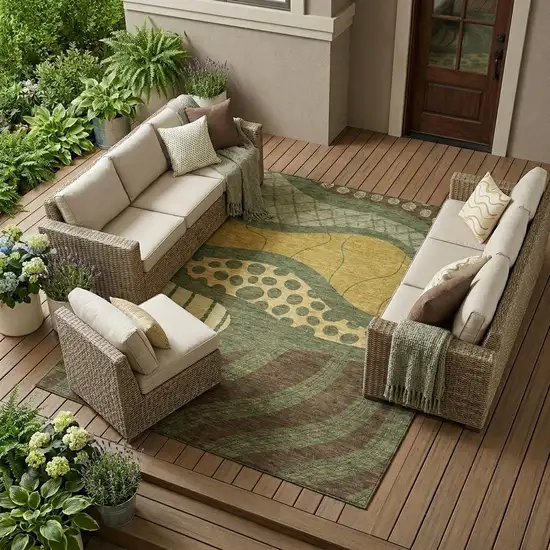 Olive Green And Blue Abstract Washable Indoor Outdoor Area Rug Photo 1