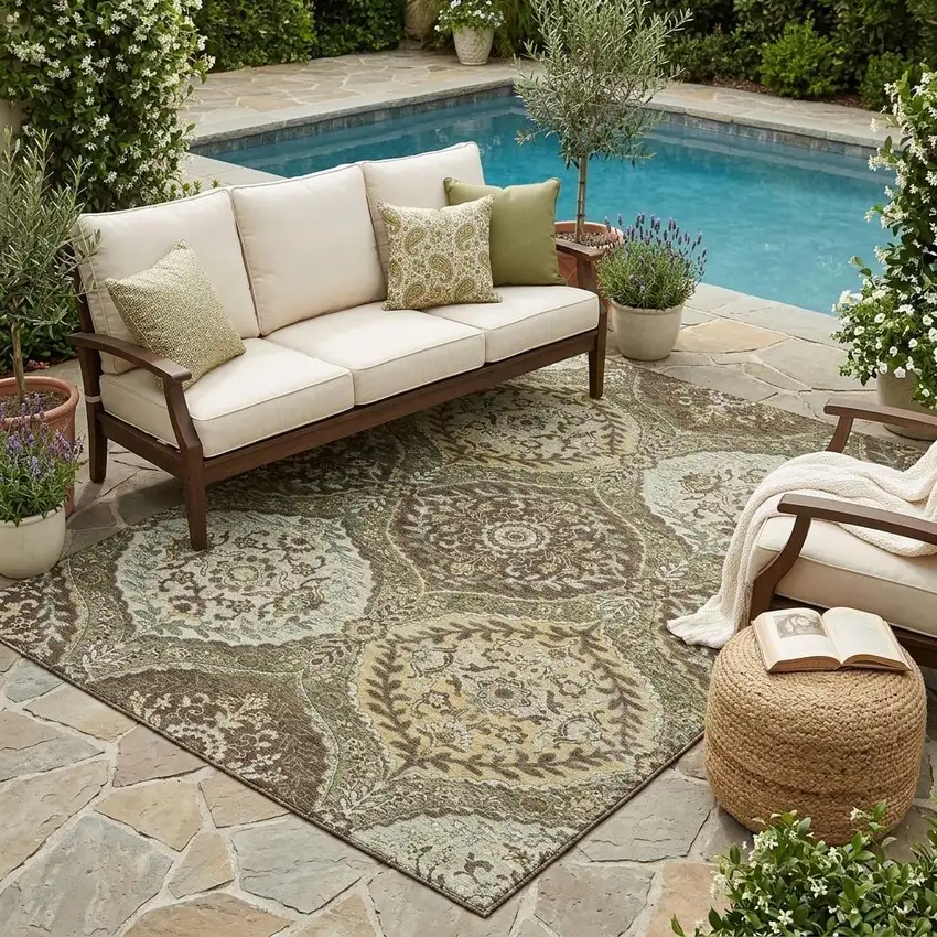 Olive Green And Blue Ogee Washable Indoor Outdoor Area Rug Photo 1