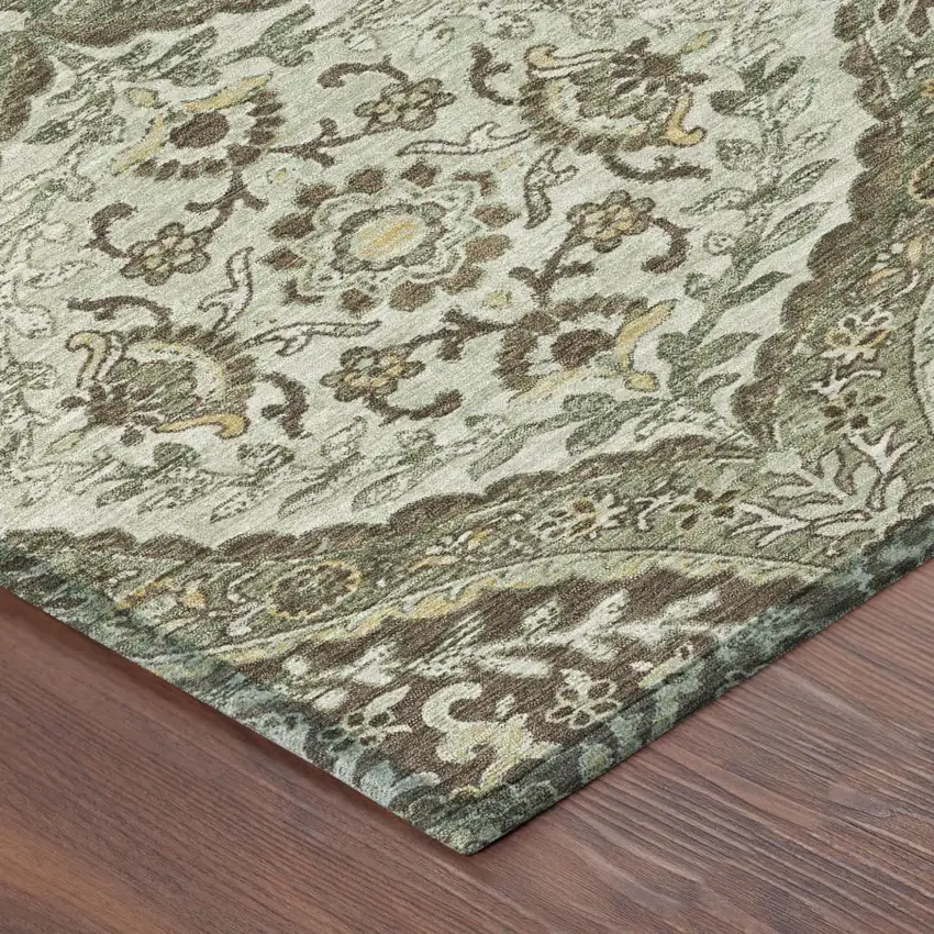 Olive Green And Blue Ogee Washable Indoor Outdoor Area Rug Photo 5