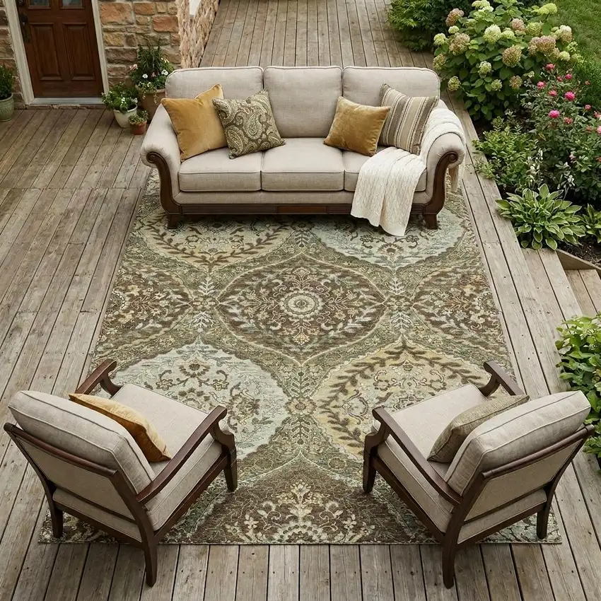 Olive Green And Blue Ogee Washable Indoor Outdoor Area Rug Photo 1