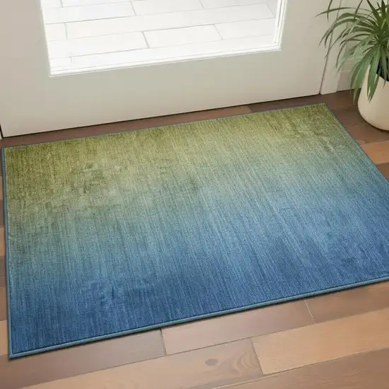 Olive Green And Blue Ombre Washable Area Rug With UV Protection Photo 2