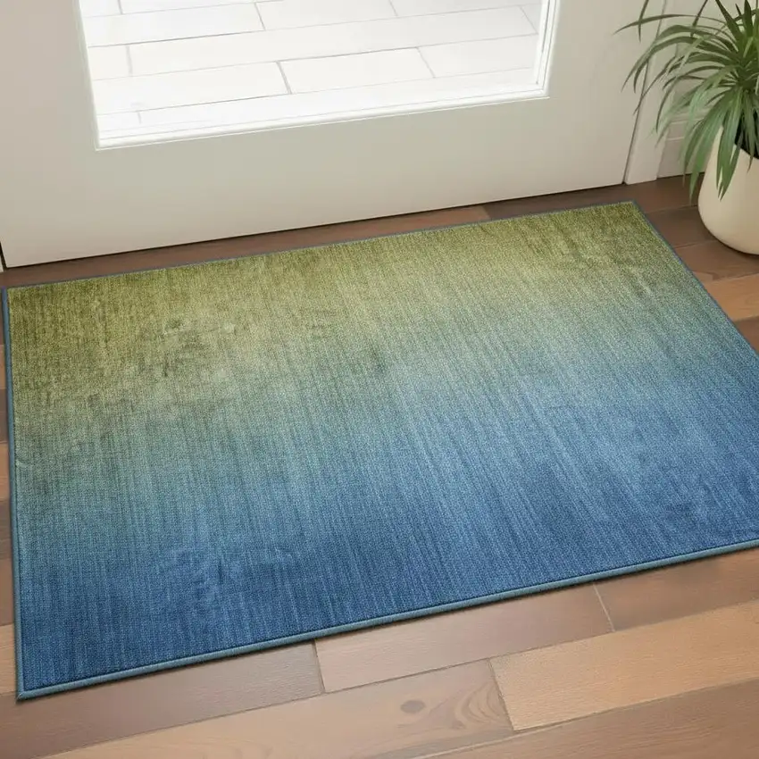 Olive Green And Blue Ombre Washable Area Rug With UV Protection Photo 2