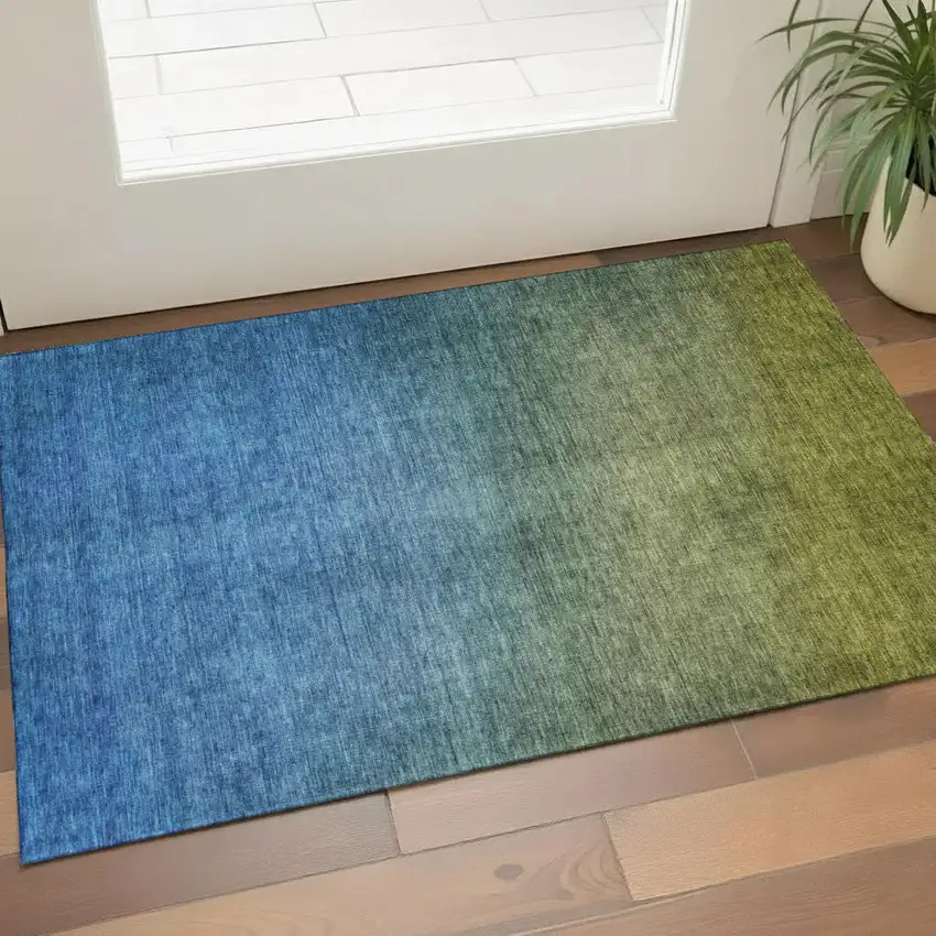 Olive Green And Blue Ombre Washable Area Rug With UV Protection Photo 1