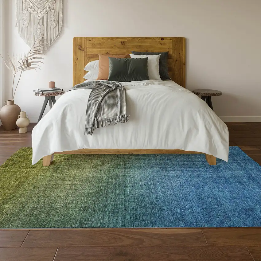 Olive Green And Blue Ombre Washable Area Rug With UV Protection Photo 4