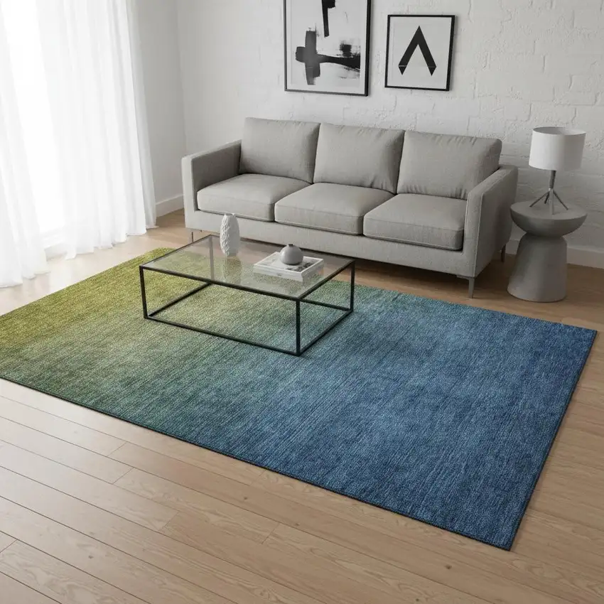 Olive Green And Blue Ombre Washable Area Rug With UV Protection Photo 2