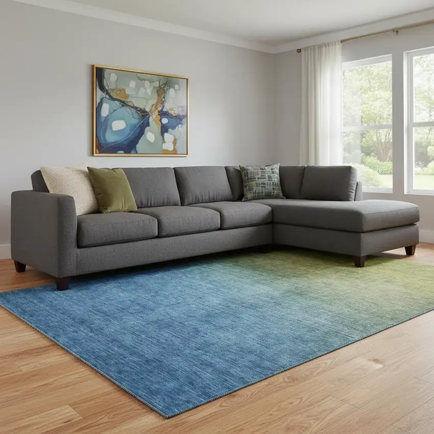 Olive Green And Blue Ombre Washable Area Rug With UV Protection Photo 1