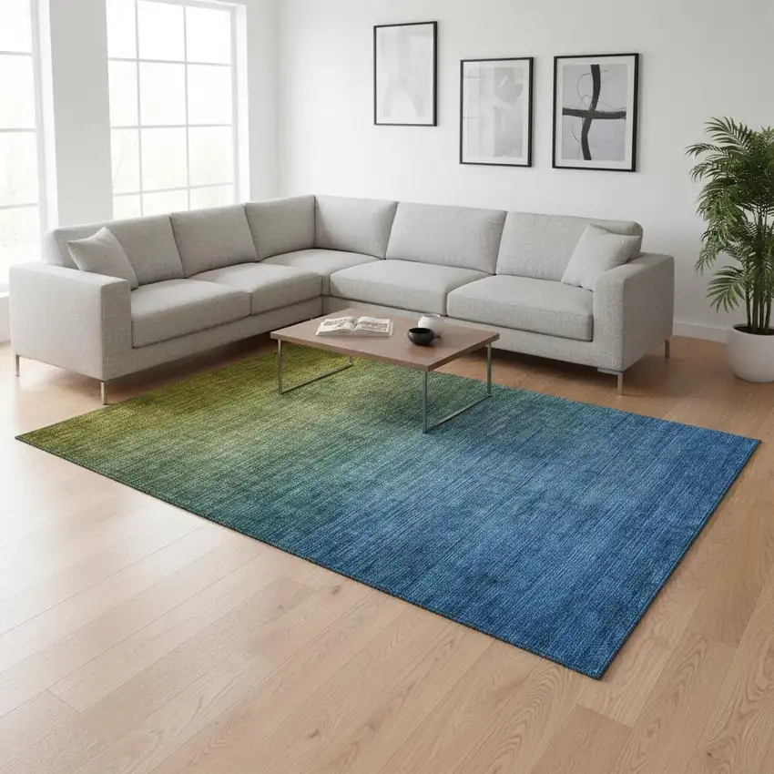 Olive Green And Blue Ombre Washable Area Rug With UV Protection Photo 2