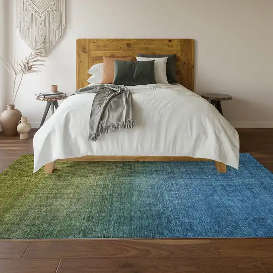 Olive Green And Blue Ombre Washable Area Rug With UV Protection Photo 4