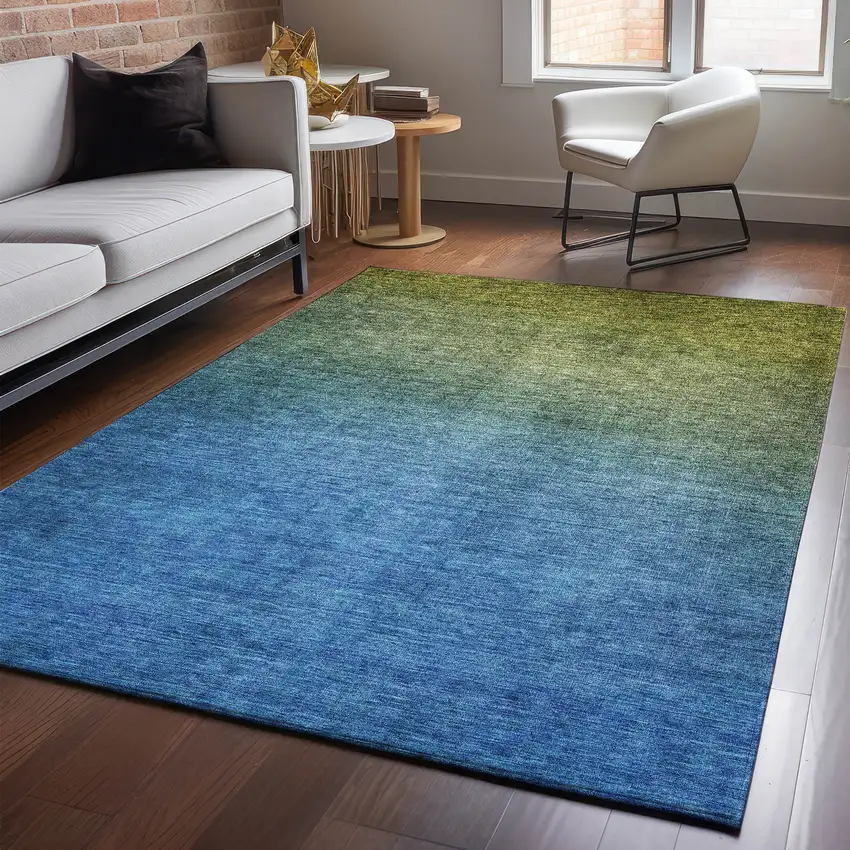 Olive Green And Blue Ombre Washable Area Rug With UV Protection Photo 3