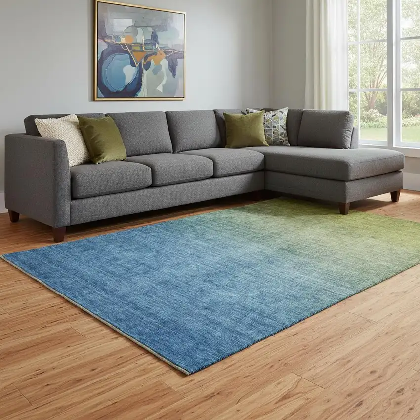 Olive Green And Blue Ombre Washable Area Rug With UV Protection Photo 1