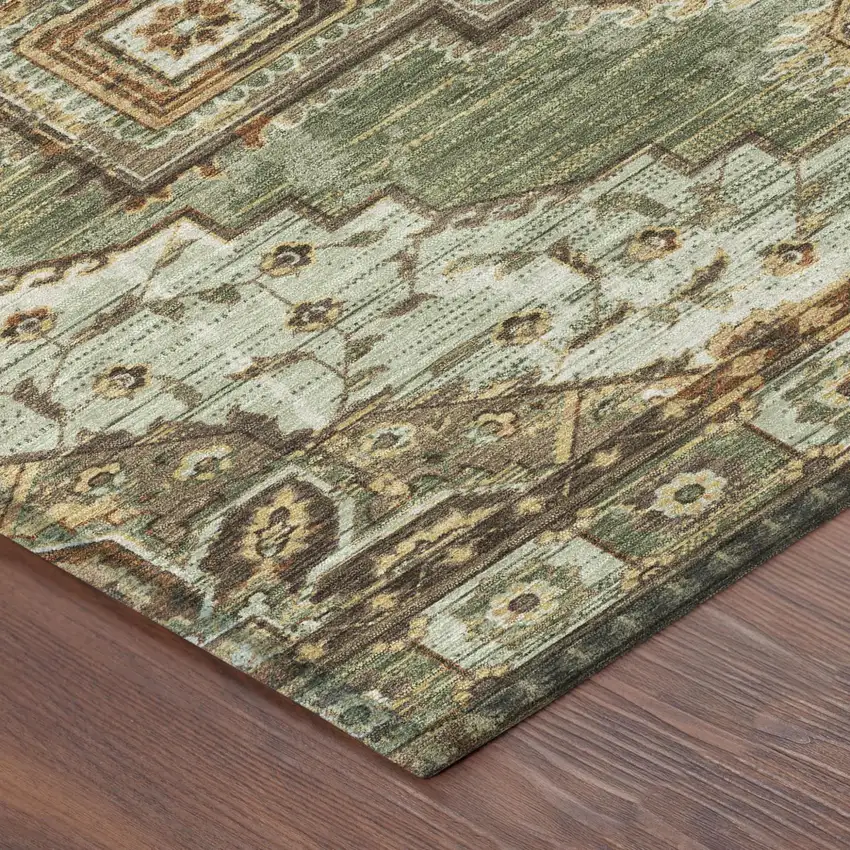 Olive Green And Blue Oriental Washable Indoor Outdoor Area Rug Photo 5