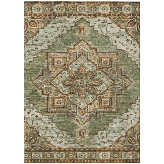 Olive Green And Blue Oriental Washable Indoor Outdoor Area Rug Photo 2