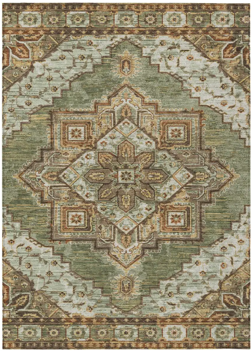 Olive Green And Blue Oriental Washable Indoor Outdoor Area Rug Photo 2