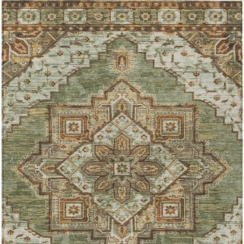 Olive Green And Blue Oriental Washable Indoor Outdoor Area Rug Photo 3