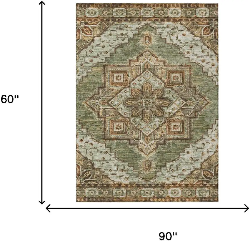 Olive Green And Blue Oriental Washable Indoor Outdoor Area Rug Photo 7