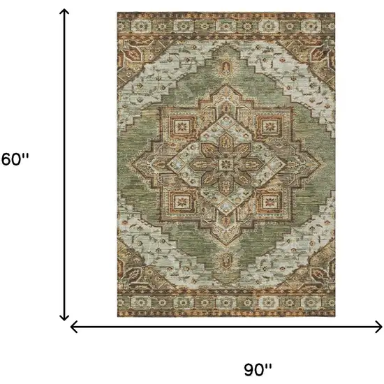 Olive Green And Blue Oriental Washable Indoor Outdoor Area Rug Photo 7