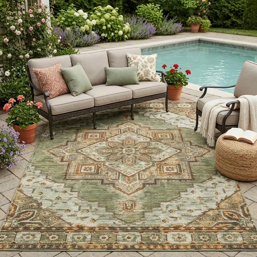Olive Green And Blue Oriental Washable Indoor Outdoor Area Rug Photo 1