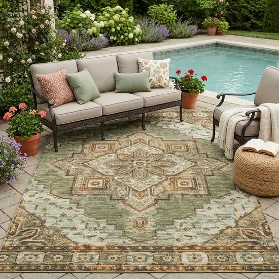 Olive Green And Blue Oriental Washable Indoor Outdoor Area Rug Photo 1