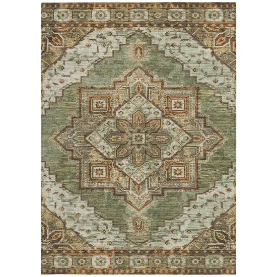 Olive Green And Blue Oriental Washable Indoor Outdoor Area Rug Photo 4
